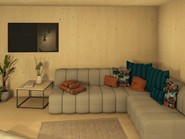 Sofa und Fernseher im Chalet mit Holzwänden.