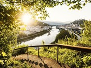 Eine Steintreppe umgeben von Büschen mit Blick auf die Stadt Salzburg.