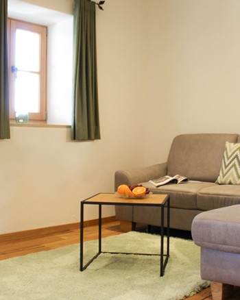 Wohnzimmer in der Ferienwohnung mit Couch und Fernseher.