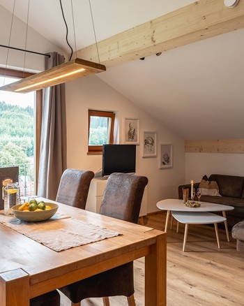 Wohn-Ess-Bereich in der Ferienwohnung mit Esstisch und Couch.