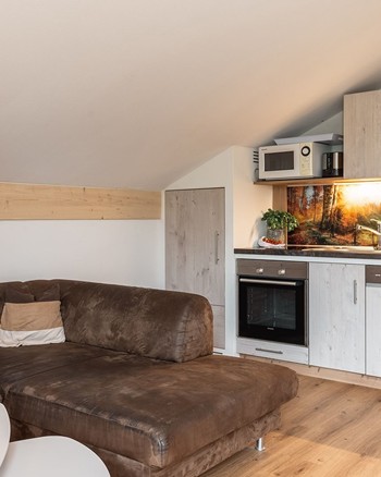 Küchenzeile und Couch in der Ferienwohnung.