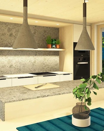 Küche mit Insel und Esstisch im Chalet.