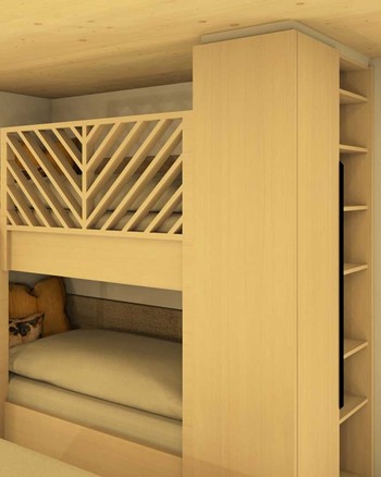 Stockbett mit gelben Farbakzenten und eingebautem Stauraum im Kinderzimmer des Chalets.