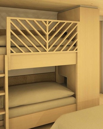 Stockbett mit gelben Farbakzenten im Kinderzimmer des Chalets.