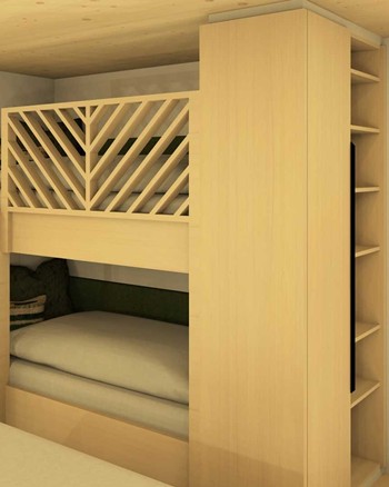 Stockbett mit grünen Farbakzenten und eingebautem Stauraum im Kinderzimmer des Chalets.