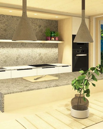 Küche mit Insel und Esstisch im Chalet.