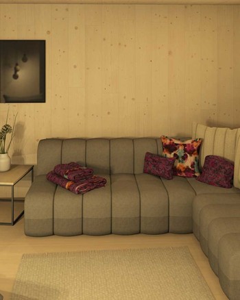 Wohnzimmer mit Fernseher und Couch mit violetten Akzenten.