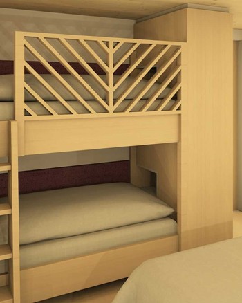 Stockbett mit violetten Farbakzenten im Kinderzimmer des Chalets.