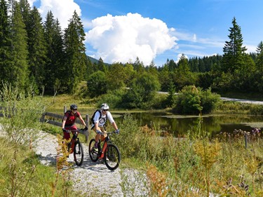 Zwei Radfahrer fahren auf einem Radweg entlang von Wäldern und Teichen.