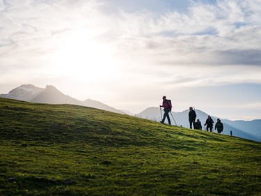 Eine Gruppe Wanderer geht einen Hügel hinauf.