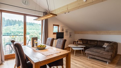 Wohn-Ess-Bereich in der Ferienwohnung mit Esstisch und Couch.