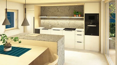 Küche mit Insel und Esstisch im Chalet.