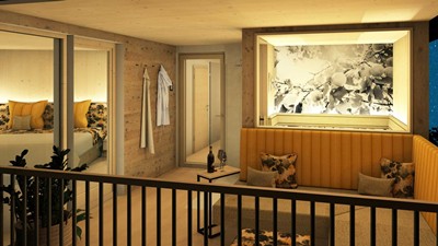 Ein Balkon mit einer Sitzbank und einem Beistelltisch mit einer Flasche Wein und zwei Gläsern. 