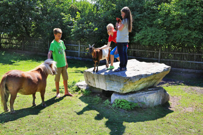 Huberhof Ollerding, Kinder auf Stein mit Tieren