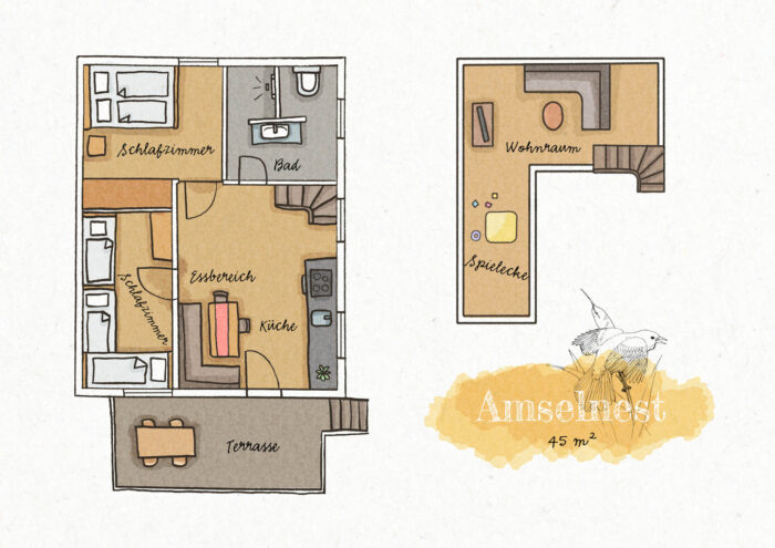 Huberhof Ollerding, Grundriss Ferienwohnung Amselnest