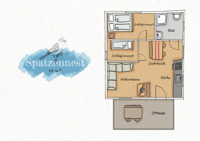 Huberhof Ollerding, Grundriss Ferienwohnung Spatzennest